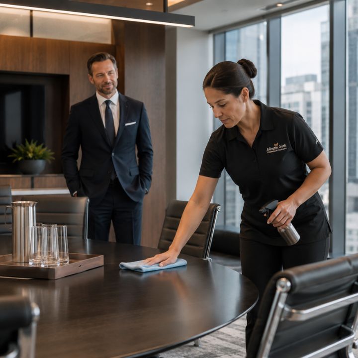 Cleaning professional attending to detail in a corporate workspace