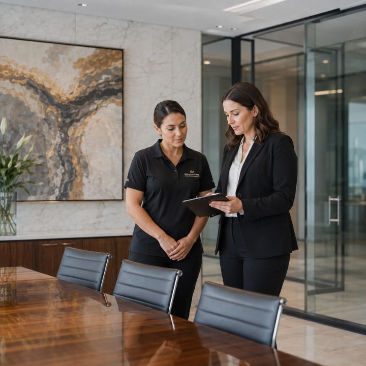 Uniformed cleaning professional working discreetly in a business environment