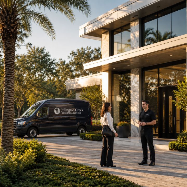 Professional cleaning team maintaining a modern commercial office