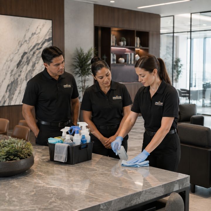 Commercial cleaning team receiving professional training in an office environment