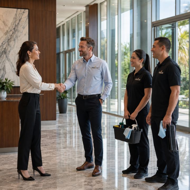 Proud commercial cleaning team members in uniform